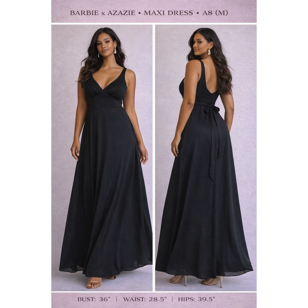 Barbie x Azazie Black Maxi Dress A8 Medium V-Neck Formal Gown NWT 357284